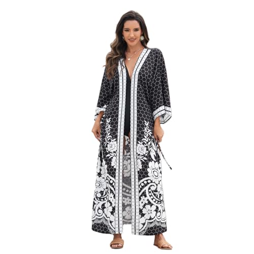 Xchon Damen-Kimono mit offener Vorderseite, mit Taillenband, Blume, Strand, lange Strickjacken, vorne offen, Badeanzug, Kimono von Xchon