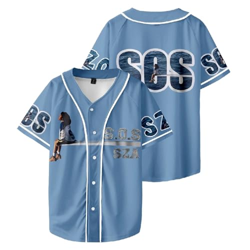 Xiakila T Shirt Mit V Ausschnitt Kurzärmeliges SZA 3D Bedrucktes Baseball Shirt Mit Knöpfen, Modisches Lässiges Lockeres Sweatshirt Für Männer Und Frauen-Blue||XS von Xiakila