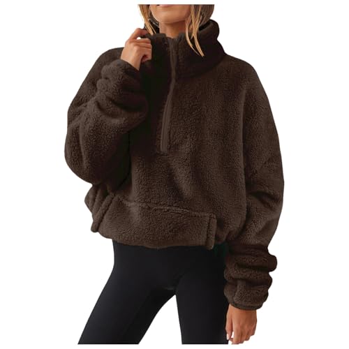 Fleecejacke Damen Ausschnitt Pullover Teddy Fleece Hoodie Warm Teddyjacke Reißverschluss Stehkragen Sweatjacke Winterjacke Weich Übergangsjacke Komfort Plüschjacke Jacken von Xiangdanful