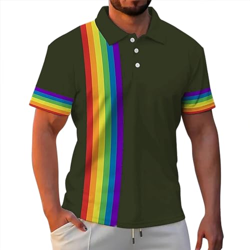 Herren Poloshirts Kurzarm Feuchtigkeitstransport Mode Gay Shirt Für Herren Regenbogen Flaggenmuster Button Down Polohemd Hawaii Hemd Surf Strand T-Shirt von Xiangdanful