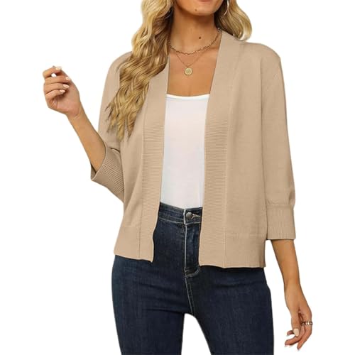 Strickjacken Damen Leichte Strickjacke Kurz Casual V-Ausschnitt 3/4 Ärmel Cardigan Elegant Festlich Einfarbig Freizeit Strickmantel von Xiangdanful