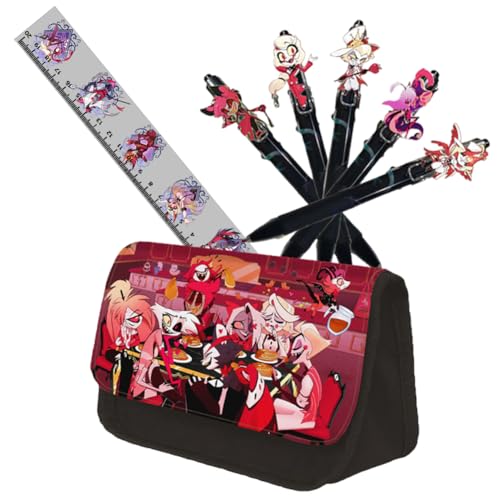 Xinchangda Hazbin Hotel Mäppchen mit Pens und Lineal 3pcs Große Kapazität Federmäppchen Alastor/Angel Dust Cartoon Pencil Case für Mädchen und Jungen Kinder Geschenk von Xinchangda