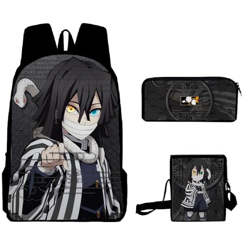 Xinchangda Shinazugawa Sanemi Rucksack, 3-teiliges Set, Anime-Federmäppchen & Umhängetasche, 3D-Druck, Anime-Rucksack, Laptoptasche, Cartoon-Schultasche für Jungen und Mädchen, Iguro Obanai, von Xinchangda