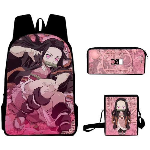 Xinchangda Shinazugawa Sanemi Rucksack, 3-teiliges Set, Anime-Federmäppchen & Umhängetasche, 3D-Druck, Anime-Rucksack, Laptoptasche, Cartoon-Schultasche für Jungen und Mädchen, Kamado Nezuko, von Xinchangda