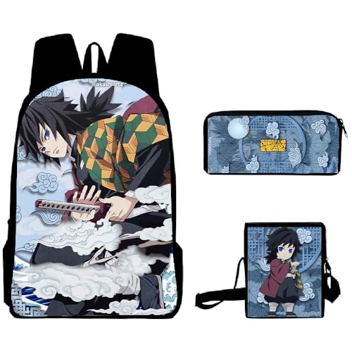 Xinchangda Shinazugawa Sanemi Rucksack, 3-teiliges Set, Anime-Federmäppchen & Umhängetasche, 3D-Druck, Anime-Rucksack, Laptoptasche, Cartoon-Schultasche für Jungen und Mädchen, Tomioka Giyuu, von Xinchangda