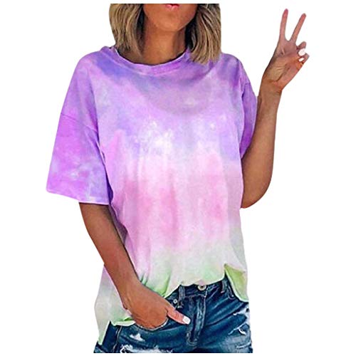 Xniral Damen T-Shirt Tie-Dye Farbverlauf Beiläufig Übergroße Lose Basic Tops Bluse Sport Yoga Shirt Tshirts Rundhals Oberteile(Lila,5XL) von Xniral