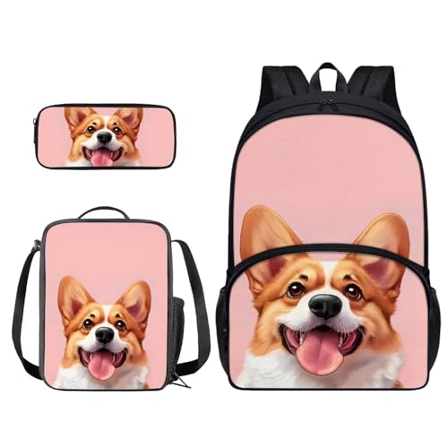 Xoenoiee 3-teiliges Rucksack-Set für Jungen und Mädchen, 43,2 cm, Schultasche mit Lunchtasche, Federmäppchen für Schüler, Schulbedarf, Corgi Dog Pink von Xoenoiee