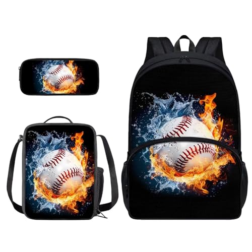 Xoenoiee 3-teiliges Rucksack-Set für Jungen und Mädchen, 43,2 cm, Schultasche mit Lunchtasche, Federmäppchen für Schüler, Schulbedarf, Fire&Water Splatter Baseball von Xoenoiee