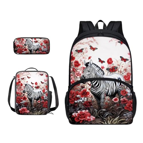 Xoenoiee Büchertasche + Lunchbox + Federmäppchen für Schüler, Schultasche, Rucksack-Set für Jungen und Mädchen, 3-teilig, Zebra Red Rose Butterfly von Xoenoiee