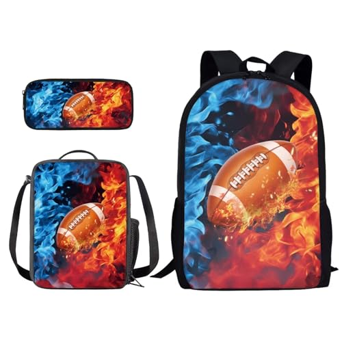 Xoenoiee Kinderrucksäcke mit Aufdruck "American Football" in Blau und Rot, leichte Büchertasche, wasserabweisend, mit Lunchpaket, Federmäppchen, 3 Stück von Xoenoiee