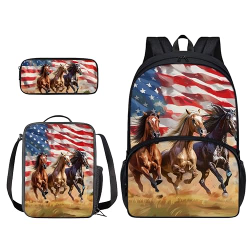 Xoenoiee Rucksack-Set mit 43,2 cm Rucksack, Lunchtasche und Federmäppchen, Schultaschen-Sets für Jungen, Mädchen, Studenten für die Schule, Running Horses Amerikanische Flagge von Xoenoiee