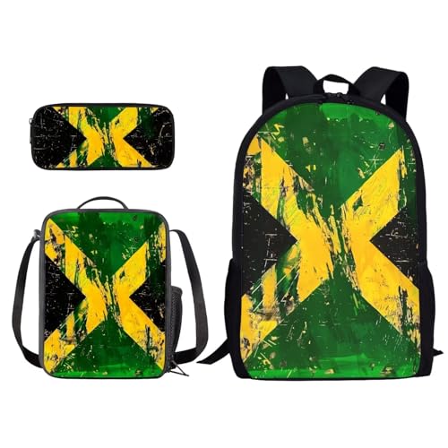 Xoenoiee Schulrucksack-Set für Jungen, Mädchen, Lunchbox, Federmäppchen, Schultasche, Büchertasche, 3 Stück, Vintage-Flagge von Jamaika, Einheitsgröße von Xoenoiee
