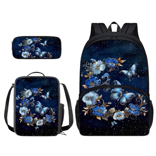 Xoenoiee Schulrucksack-Set für Jungen und Mädchen, mit Lunchtasche und Federmäppchen für Teenager, Studenten, Tiermuster, 3-teilig, Blaue Blumen und Schmetterling von Xoenoiee