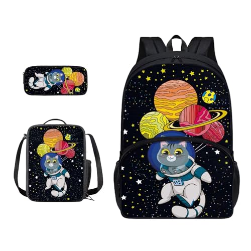 Xoenoiee Schulrucksack-Set für Teenager, Jungen, Mädchen, mit Lunchbox, Federmäppchen, Schultasche für Schüler, 3 Stück, Katzen-Astronauten-Planeten von Xoenoiee