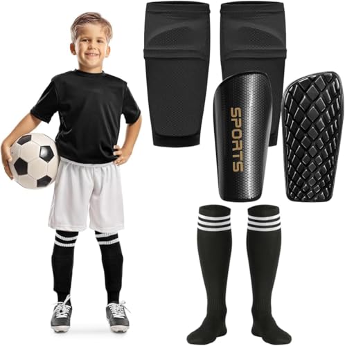 Schienbeinschoner Kinder Fussball, mit Schienbeinärmeln & Fußballsocken für Jungen & Mädchen im Alter von 3–8,8–10,10–12,12-16 Jungen & Mädchen (Schwarz, M (Kinder, 5-8 Jahre)) von Xummi