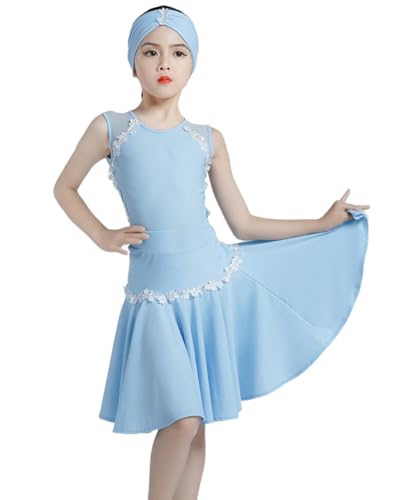 Xytraiihw Kinder Latin Dance Kleidung, Blaue ärmellose Mädchen Performance Kostüm Cha Cha Rumba Ballsaal Tanz Kleid Praxis tragen,Blau,170 von Xytraiihw