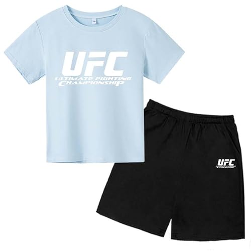 XzwgYlx Kinder Junge UFC Trainingsanzug, Kurzarm T-Shirt + Kurze Hose, Sommer 2-teiliger Drucke Sportswear, 3-14 Geschenk Für Jungen Und Mädchen, 120,Blue von XzwgYlx