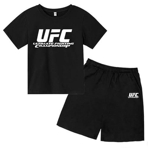 XzwgYlx Kinder Junge UFC Trainingsanzug, Kurzarm T-Shirt + Kurze Hose, Sommer 2-teiliger Drucke Sportswear, 3-14 Geschenk Für Jungen Und Mädchen, 130,Black von XzwgYlx