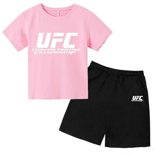 XzwgYlx Kinder Junge UFC Trainingsanzug, Kurzarm T-Shirt + Kurze Hose, Sommer 2-teiliger Drucke Sportswear, 3-14 Geschenk Für Jungen Und Mädchen, 130,Pink von XzwgYlx