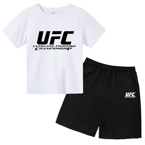 XzwgYlx Kinder Junge UFC Trainingsanzug, Kurzarm T-Shirt + Kurze Hose, Sommer 2-teiliger Drucke Sportswear, 3-14 Geschenk Für Jungen Und Mädchen, 150,White von XzwgYlx
