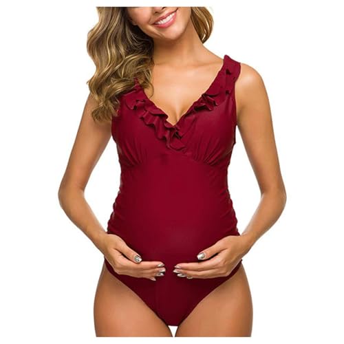 YAAYAGO Umstandsbadeanzug Mutterschaft Badeanzug Einteiliger Elegantes Lotusblatt V-Ausschnitt Mutterschaftsanzug Mutterschaft Badeanzug Sexy Hohe Taille Einteilige Bikini-Rot-XL von YAAYAGO