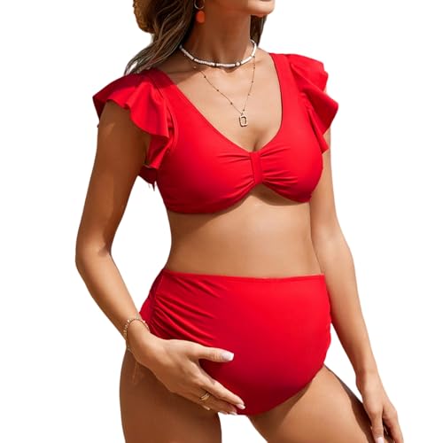 YAAYAGO Umstandsbadeanzug Sommer Der Mutterschaft Badeanzug Zwei -Stück Rippenschwangerschaft Badeanzüge Mit Rüschenhülsen Gegen Hals Mutterschaft Bikini Set-Rot-XL von YAAYAGO