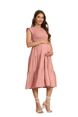 YAAYAGO Umstandskleid Sommer -Mutterschaftskleid Fliege Ärmel Geschichtet Kurzschlämische Schwung Mutterschaftskleid Elegante Chiffon Umstandskleid-Rosa-L von YAAYAGO