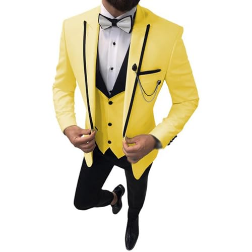 YAGEMING Herren 3-teiliger Anzug Arbeit Hochzeit Bankett normales spitzes Revers Smoking Blazer Weste Hose,2XL, Yellow von YAGEMING