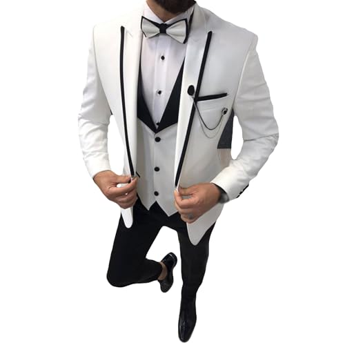 YAGEMING Herren 3-teiliger Anzug Arbeit Hochzeit Bankett normales spitzes Revers Smoking Blazer Weste Hose,5XL,White von YAGEMING