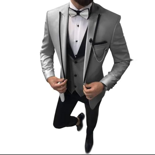 YAGEMING Herren 3-teiliger Anzug Arbeit Hochzeit Bankett normales spitzes Revers Smoking Blazer Weste Hose,6XL, Gray von YAGEMING