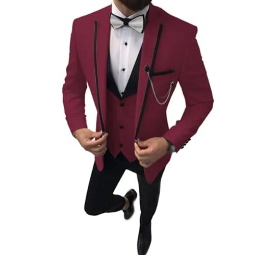 YAGEMING Herren 3-teiliger Anzug Arbeit Hochzeit Bankett normales spitzes Revers Smoking Blazer Weste Hose,6XL, Wine red von YAGEMING