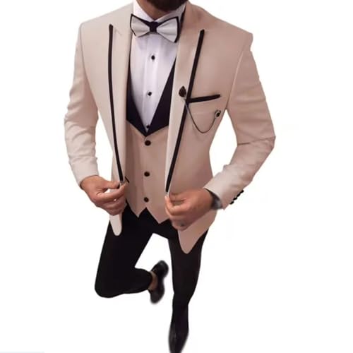 YAGEMING Herren 3-teiliger Anzug Arbeit Hochzeit Bankett normales spitzes Revers Smoking Blazer Weste Hose,6XL, beige von YAGEMING