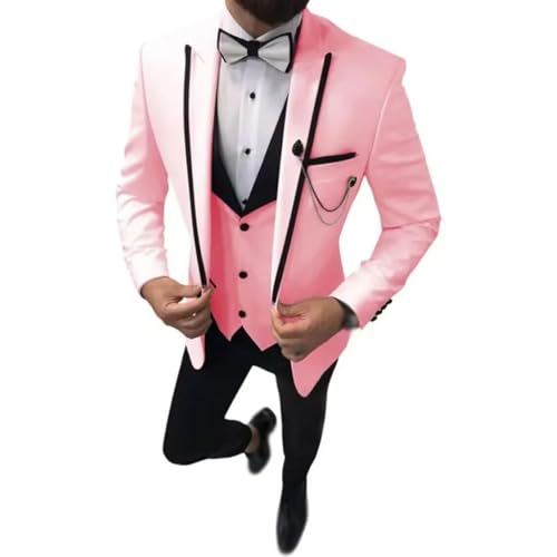 YAGEMING Herren 3-teiliger Anzug Arbeit Hochzeit Bankett normales spitzes Revers Smoking Blazer Weste Hose,7XL, pink von YAGEMING