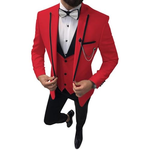 YAGEMING Herren 3-teiliger Anzug Arbeit Hochzeit Bankett normales spitzes Revers Smoking Blazer Weste Hose,XS, red von YAGEMING