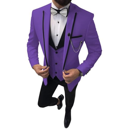 YAGEMING Herren 3-teiliger Anzug Arbeit Hochzeit Bankett normales spitzes Revers Smoking Blazer Weste Hose,XS,Purple von YAGEMING