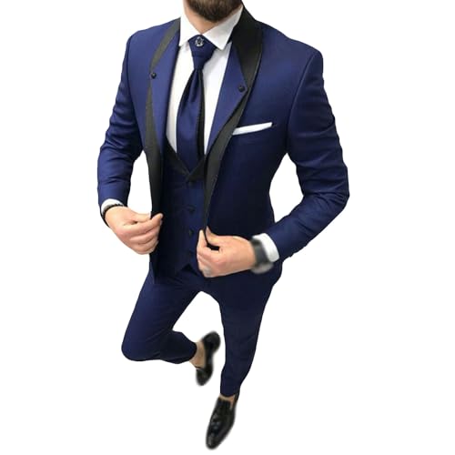 YAGEMING Herren 3-teiliger Anzug Business Casual normaler Retro Schalkragen einreihig Smoking Blazer Weste Hose für Arbeit Bankett,5XL,Blue von YAGEMING