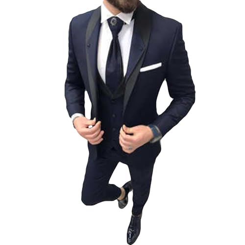 YAGEMING Herren 3-teiliger Anzug Business Casual normaler Retro Schalkragen einreihig Smoking Blazer Weste Hose für Arbeit Bankett,6XL, Navy Blue von YAGEMING