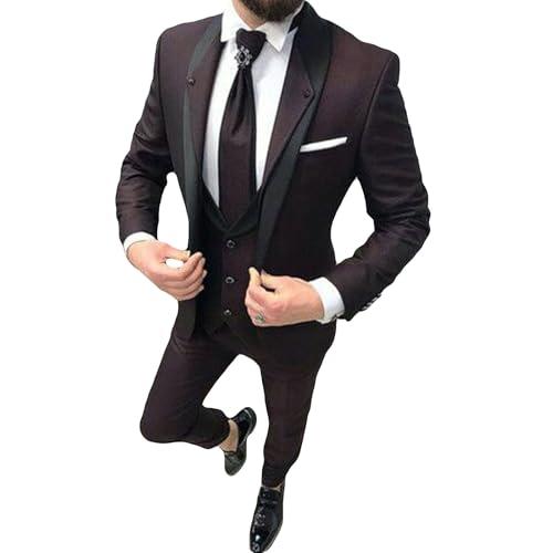 YAGEMING Herren 3-teiliger Anzug Business Casual normaler Retro Schalkragen einreihig Smoking Blazer Weste Hose für Arbeit Bankett,L, Purple red von YAGEMING