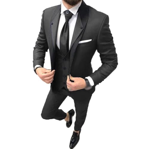 YAGEMING Herren 3-teiliger Anzug Business Casual normaler Retro Schalkragen einreihig Smoking Blazer Weste Hose für Arbeit Bankett,S, Black von YAGEMING