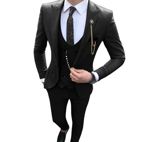 YAGEMING Herren 3-teiliger Anzug Einfarbig Normal Einem Knopf Business Arbeit Hochzeit Bankett Abendessen Smoking Blazer Weste Hose,L, Black von YAGEMING