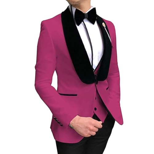 YAGEMING Herren 3-teiliger Anzug Schmale Passform Retro Schalkragen Einzelknopf Smoking Blazer Weste Hose Für Arbeit Hochzeit Bankett Abendessen,2XS, Rose red von YAGEMING