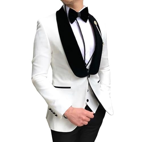 YAGEMING Herren 3-teiliger Anzug Schmale Passform Retro Schalkragen Einzelknopf Smoking Blazer Weste Hose Für Arbeit Hochzeit Bankett Abendessen,2XS,White von YAGEMING