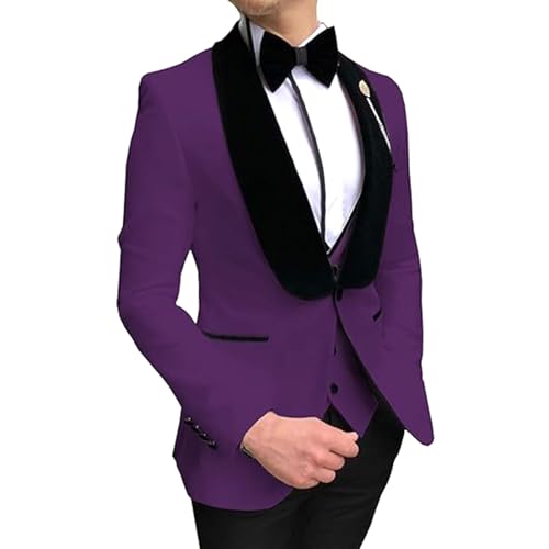 YAGEMING Herren 3-teiliger Anzug Schmale Passform Retro Schalkragen Einzelknopf Smoking Blazer Weste Hose Für Arbeit Hochzeit Bankett Abendessen,3XL, Purple von YAGEMING