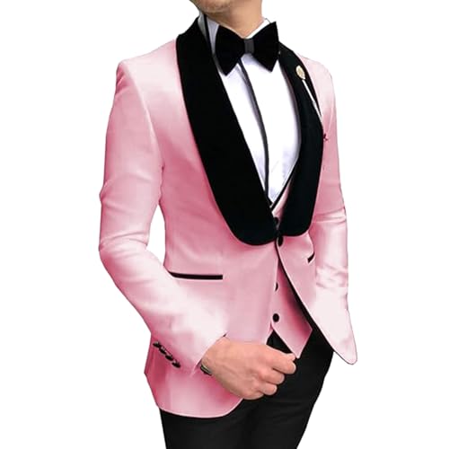 YAGEMING Herren 3-teiliger Anzug Schmale Passform Retro Schalkragen Einzelknopf Smoking Blazer Weste Hose Für Arbeit Hochzeit Bankett Abendessen,4XL, pink von YAGEMING