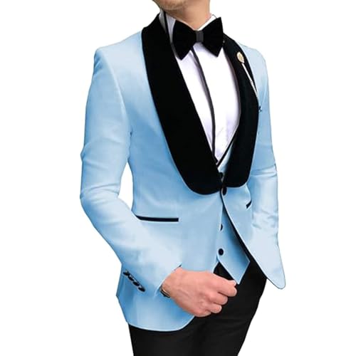 YAGEMING Herren 3-teiliger Anzug Schmale Passform Retro Schalkragen Einzelknopf Smoking Blazer Weste Hose Für Arbeit Hochzeit Bankett Abendessen,6XL, Light Blue von YAGEMING