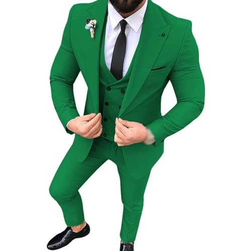 YAGEMING Herren 3-teiliger Anzug einfarbig reguläres Business spitzes Revers Einknopf Hochzeitsbankett Smoking Blazer Weste Hose,2XL, Green von YAGEMING