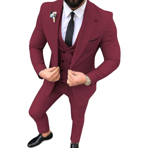 YAGEMING Herren 3-teiliger Anzug einfarbig reguläres Business spitzes Revers Einknopf Hochzeitsbankett Smoking Blazer Weste Hose,5XL, Wine red von YAGEMING