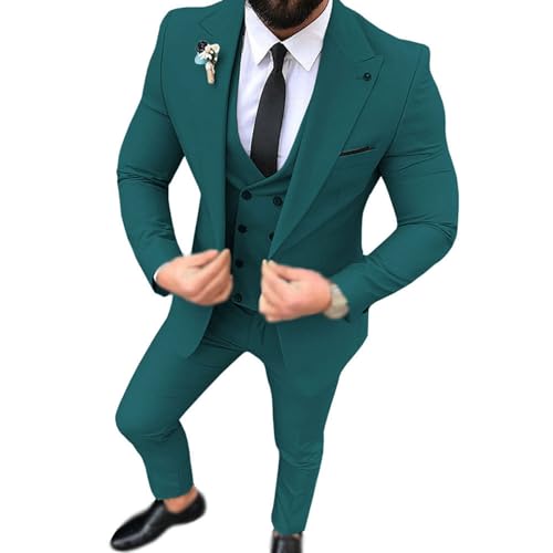 YAGEMING Herren 3-teiliger Anzug einfarbig reguläres Business spitzes Revers Einknopf Hochzeitsbankett Smoking Blazer Weste Hose,7XL, Blue-Green von YAGEMING