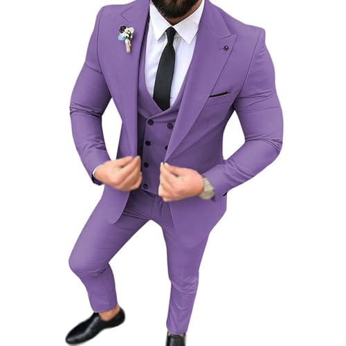 YAGEMING Herren 3-teiliger Anzug einfarbig reguläres Business spitzes Revers Einknopf Hochzeitsbankett Smoking Blazer Weste Hose,XL, Light Purple von YAGEMING