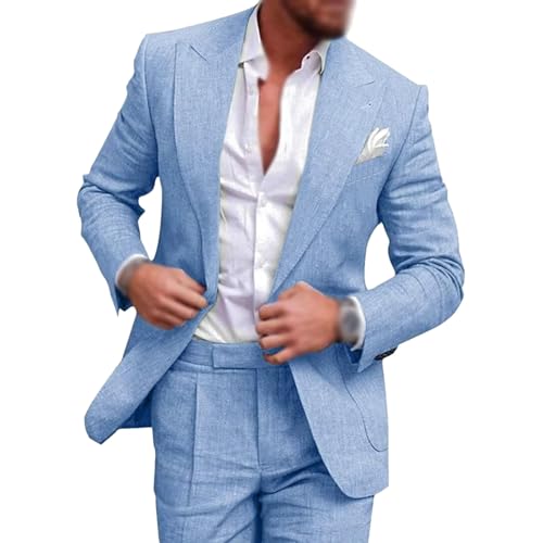 YAGEMING Herren Anzug Business Casual Slim Fit 2-teilig groß einfarbig Arbeit Hochzeit Bankett Party Leinen Smoking Blazer Hose,4XL, Sky Blue von YAGEMING